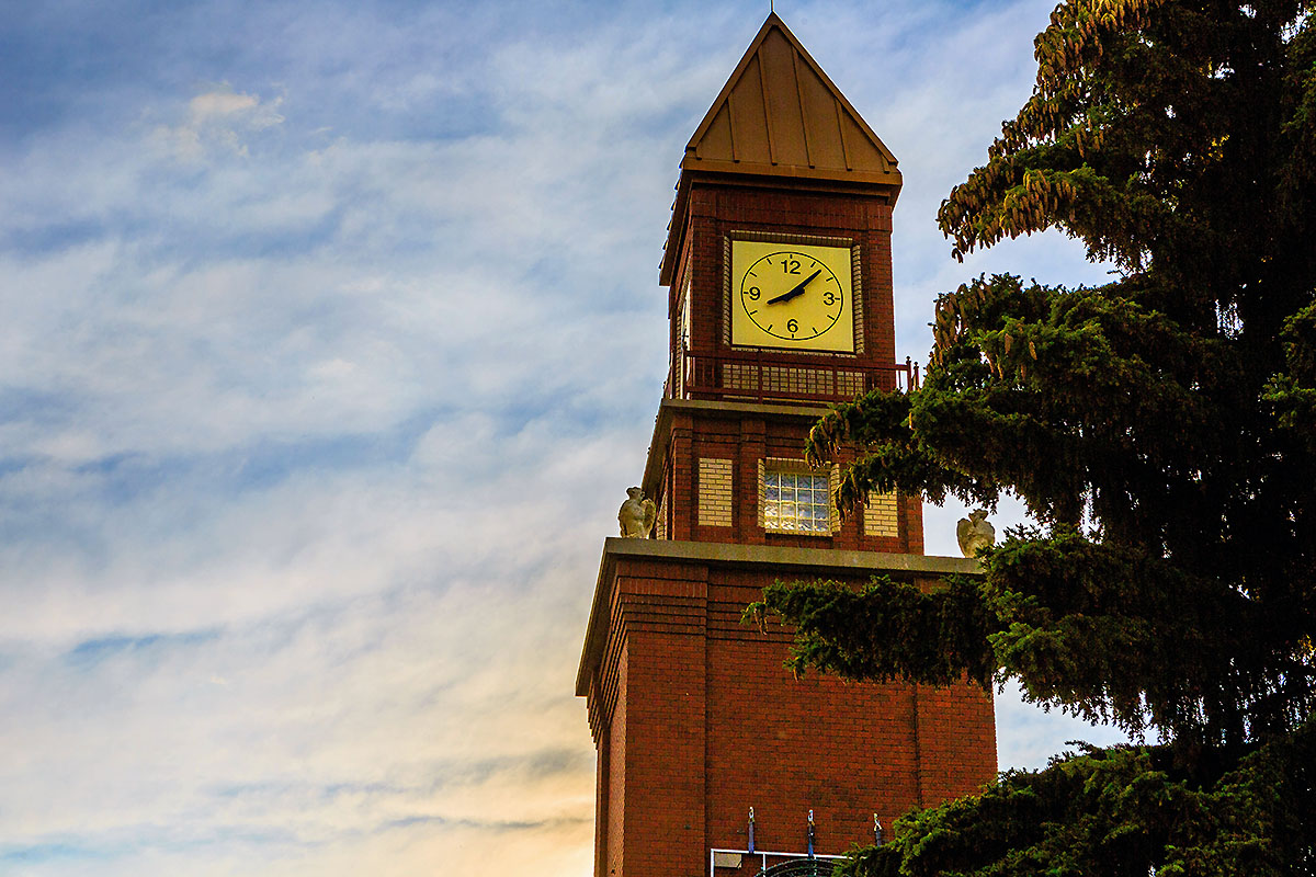 A close up of the st albert clock tower at sunset with gargoyles sitting on it